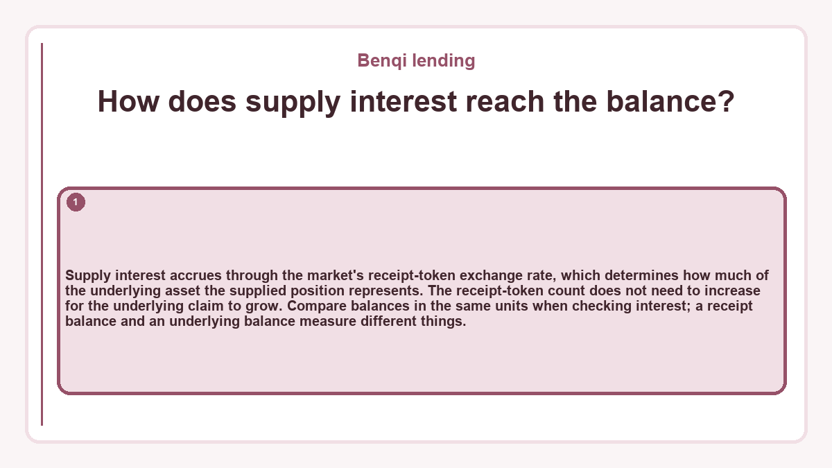 How does supply interest reach the balance?: Supply interest accrues through the market's receipt-token exchange rate, which determines how much of the underlying asset the supplied position represents. The receipt-token count does not need to increase for the underlying claim to grow. Compare balances in the same units when checking interest; a receipt balance and an underlying balance measure different things.